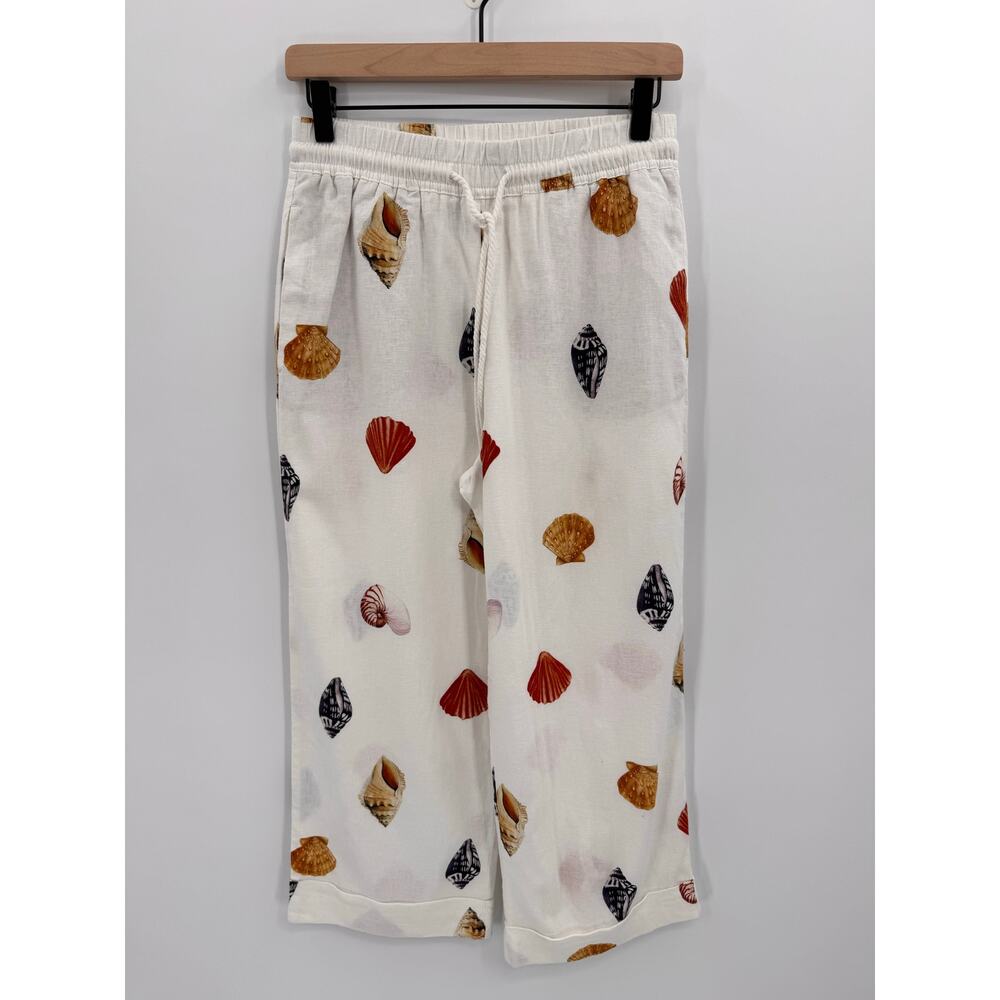 Rachel Zoe Seashell Print Linen Drawstring Wide Leg Pants XS Coastal Summer
